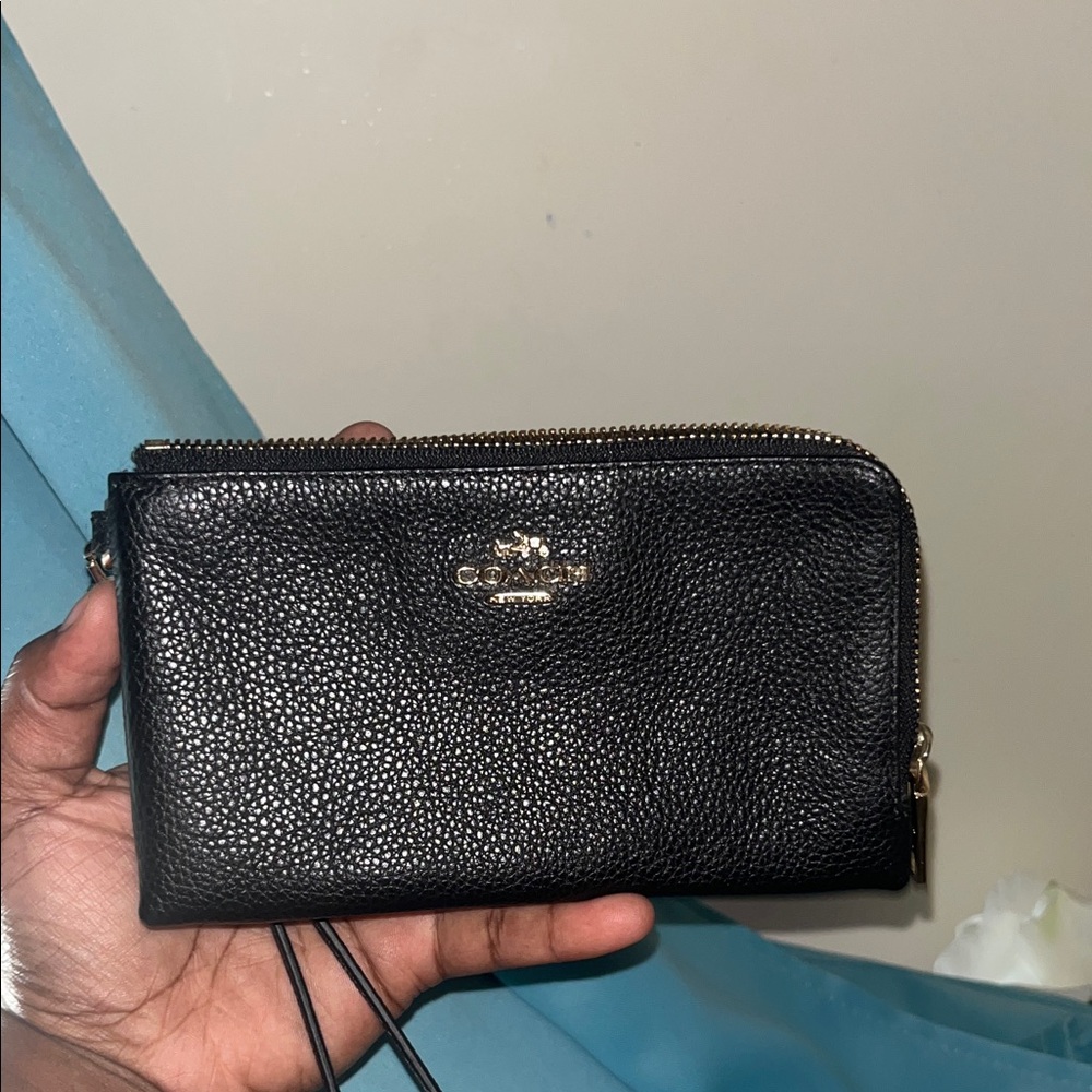 Coach Black Leather Wristlet with Gold Accents